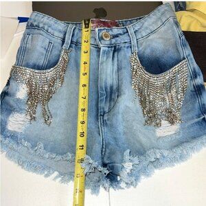 Y2K Comfy Festival Bling Denim Shorts Diamond Studded Glam Rock Size 36 (Sz 4-6)